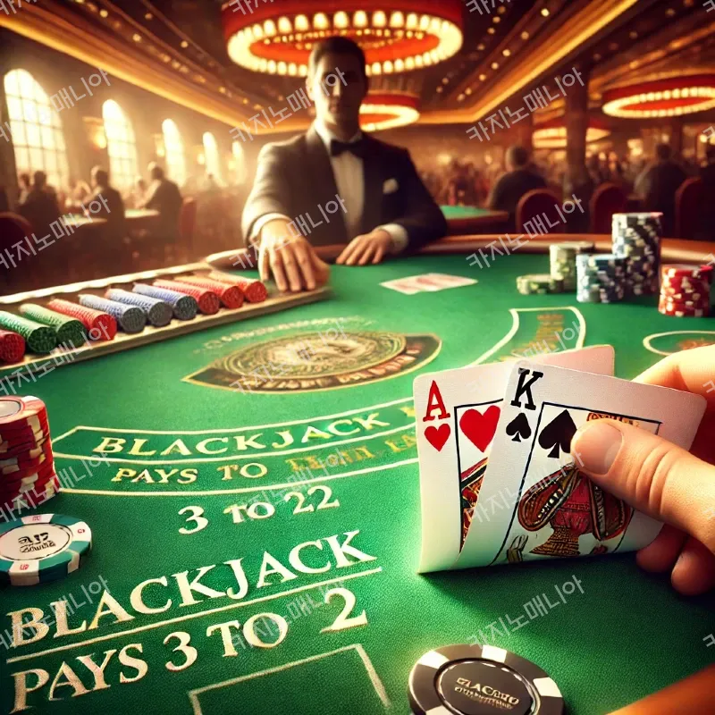 DALL·E 2025-04-14 15.41.43 - A realistic illustration of a blackjack game in progress at a casino table. The table is green with the words 'Blackjack Pays 3 to 2' printed. Two car.webp